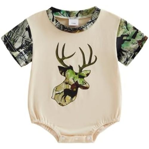 Bagilaanoe Newborn Baby Boy Summer Romper Short Sleeve Bodysuit Dog/Reindeer Jumpsuit Summer Hunting Clothes