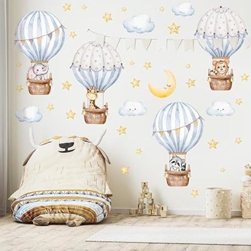 Hot Air Balloon Wall Decal,Animals Hot Air Balloon Wall Decals,Balloons Elephant Wall Stickers,White Cloud Wall Decoration Baby Nursery Girls Bedroom Toddler Room Wall Decor