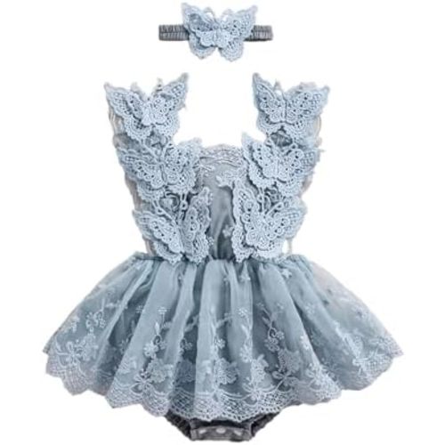 Newborn Baby Girl Romper Dress Lace Floral Sleeveless Tulle Dress with Headband Infant Summer Mesh Jumpsuits