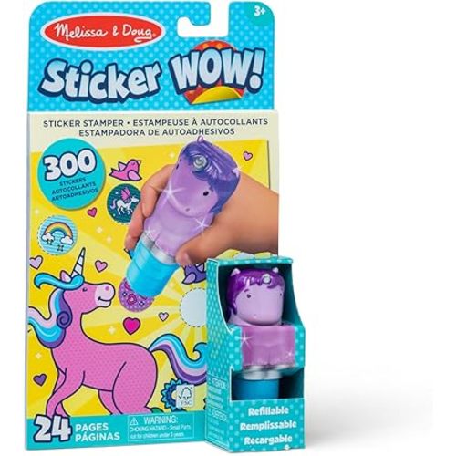 Melissa & Doug Sticker Wow!™ Sticker Stamper and 24-Page Activity Pad, 300 Stickers, Arts and Crafts Fidget Toy Collectible Character – Unicorn - for Kids Ages 3+ - FSC Certified