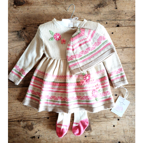 NWT Girls 6-9 Month 3-Pc Beige Pink Dress Set Tights Hat Flowers NWT Baby