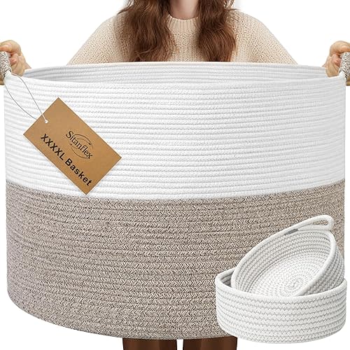 XXXXL 125L Extra Large Blanket Basket, 24.8" x 16" Jumbo Woven Basket (Includes 2 Cute Baskets), Cotton Rope Basket with Handle for Living Room, Baby Toys Nursery, Laundry, Home Decor (White/Brown)