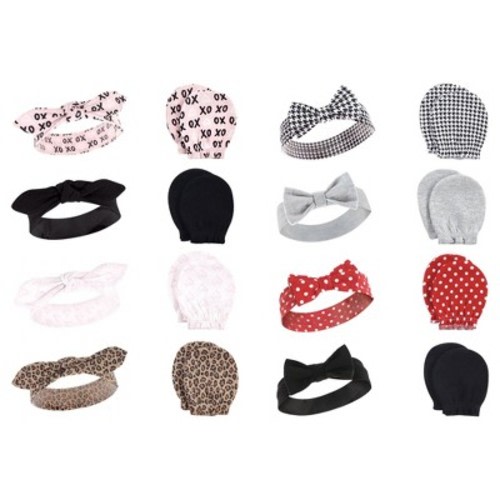 Hudson Baby Infant Girl 16Pc Cotton Headband and Scratch Mitten Set, Black Xoxo Houndstooth, 0-6 Months