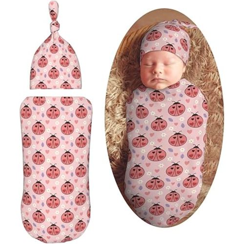 Ladybugs Hearts Flowers Newborn Swaddle Blankets Hat Sets Soft Baby Receiving Blanket Swaddle Sack for Baby Shower Infant Boy Girl Gift