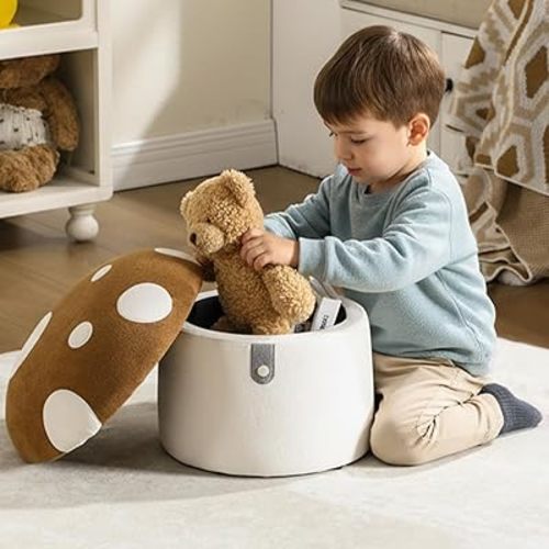 Mushroom Toddler Chair Comfy Chenille Kids Reading Chairs, Wooden Children Stool, No Assembly Kid Desk Chair, Cute Storage Ottoman for Kids Bedroom Furniture/Playroom/Boys Girls Gifts, Brown
