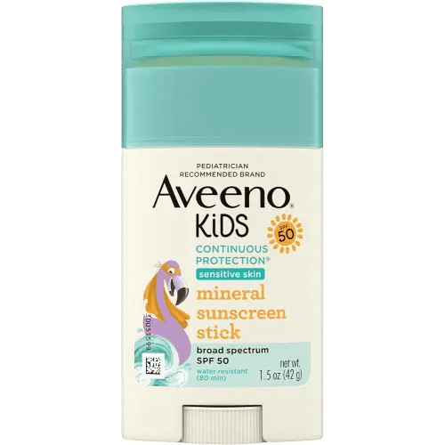 Aveeno Kids Continuous Protection Zinc Oxide Mineral Sunscreen Stick for Sensitive Skin, Face & Body Sunscreen Stick for Kids with Broad Spectrum SPF 50, Sweat- & Water-Resistant, 1.5 oz