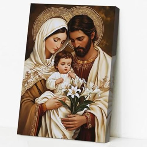CCWORKERRY Holy Family Canvas Print Catholic Art Virgin Mary Joseph & Baby Jesus Pictures with Lilies Religious Christian Wall Decor for Church Gifts (white,12W x 18L)