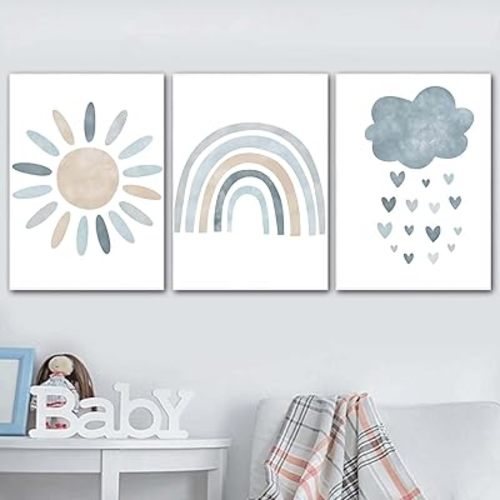 Nursery Wall Prints Blue Sunshine Rainbow Cloud Canvas Wall Art, Child Wall Art Poster Boho Nordic Wall Pictures for Boys Baby Kids Room Decor, Set Of 3 Cute Cartoon Prints Boys Room Decor