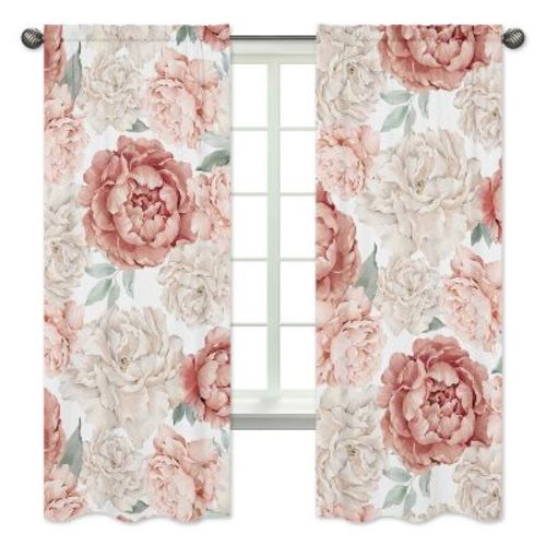 Sweet Jojo Designs Window Curtain Panels 84in. Peony Floral Garden Pink and Ivory