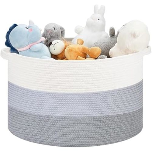 Ravinte Large Storage Basket - 22"x 22"x 14" Blanket Basket for Living Room, Baby Toy Storage Basket, Cotton Rope Basket Woven Laundry Basket (White-Blue-Gray)