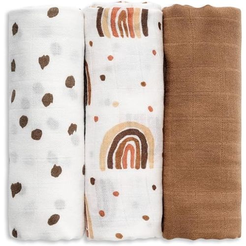 GLLQUEN BABY Receiving Blanket Boy Cotton Muslin Swaddle Blankets Girl Newborn Squares Breathable & Soft Thin Baby Blankets Cloths Double Absorbent Infant Swaddling Wrap - 3 Pack (Rainbow)