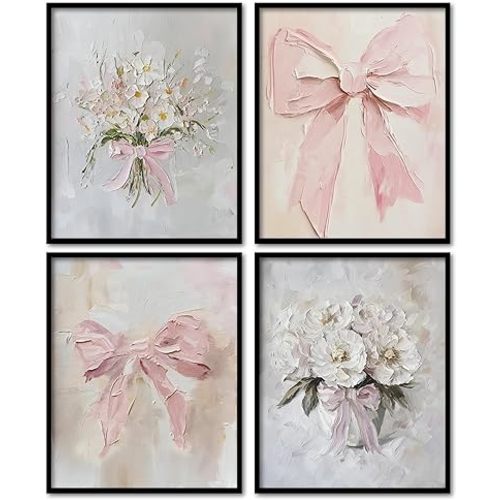 KDHTY Coquette Vintage Bow Nursery Wall Decor,Vintage Baby Girl Nursery Room Decor for Girls Room,Trendy Preppy Aesthetic Floral Prints for Teen Girls Bedroom College Dorm 8x10 Unframed Set of 4