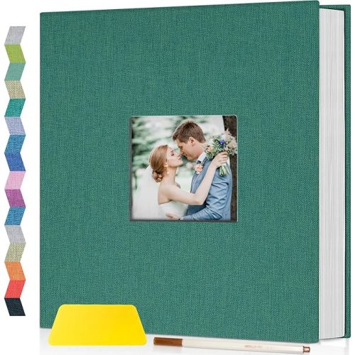 popotop Photo Album Self Adhesive with Picture Display Window,60 Pages DIY Scrapbooking Supplies Kit for 4x6 8x10 Picture,Linen Cover Memory Book for Baby Wedding, with Scraper and Metallic Pen