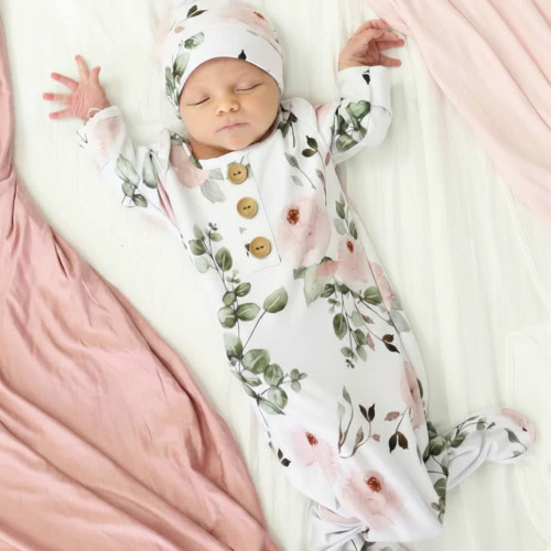 Caden Lane Newborn Baby Knot Gown & Hat Set - Millie's Dusty Rose Garden, Newborn