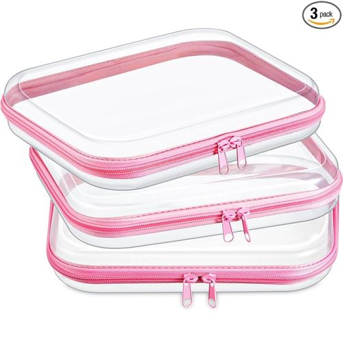 Hoolerry 3 Pcs Clear Hard Zipper Case Hard Plastic Zipper Pouch Makeup Bag Portable Travel Organizer for Cosmetics, Office Supplies, Documents & Toiletries(Pink,M)