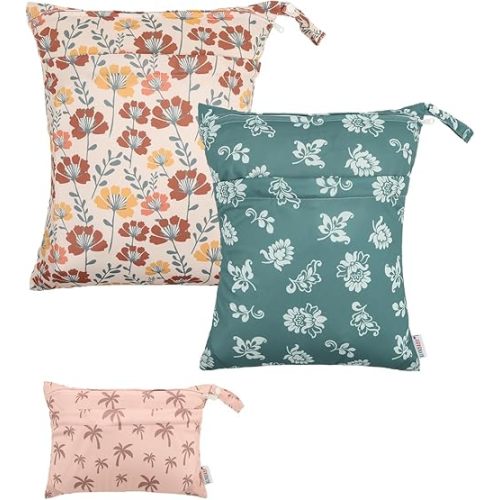 ALVABABY 3 pcs Cloth Diaper Wet Dry Bags Waterproof Reusable with Two Zippered Pockets Travel Beach Pool Daycare Soiled Baby Items Yoga Gym Bag for Swimsuits or Wet Clothes Small Medium Large 3L-SML14