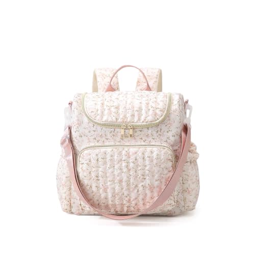 Quilted Diaper Bag Backpack Large Floral Puffy Backpack Multi-compartment Baby Storage Backpack for Travel Hospital