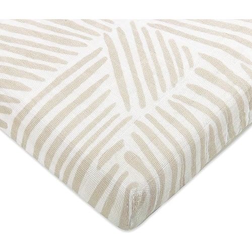 Babyletto 100% Organic Cotton All-Stages Midi Crib Sheet, GOTS-Certified, Fitted 360°, Ultra-Soft and Breathable Muslin - Oat Stripe