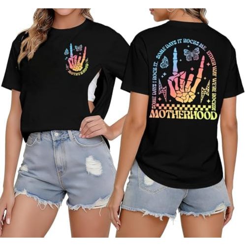 Women's Nursing Shirts for Breastfeeding with Hidden Zippers Loose Fit Maternity Tops Distressed Acid Washed Graphic Tees