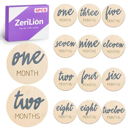 ZeriLion 6 pcs Double Sided Wooden Baby Monthly Milestone Cards Newborn Photo Props from Hello World to 12 Months Baby Shower Gift Age Marker Discs for Boy or Girl