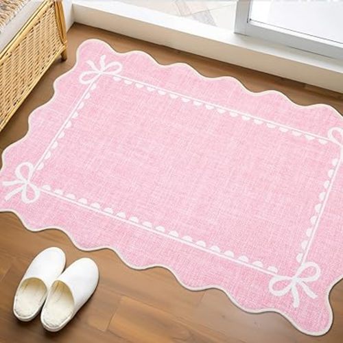 GarveeHome Scalloped Bow Rug for Kitchen Floor, Solid Pink Rug for Dorm, Washable Entryway Rugs 2x3 Soft Low Pile Non Slip Scalloped Rugs for Nursery Bedroom Decor Hallway
