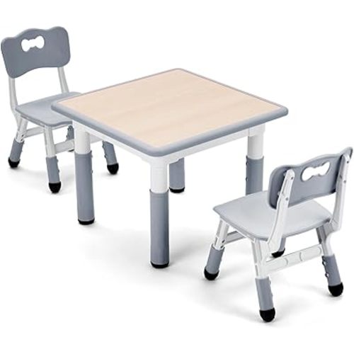 UNICOO - Kids 23""x23"" Three Piece Study Table and Chairs Set, Height Adjustable Plastic Children Art Desk with 2 Seats, Kids Multipurpose Activity Table Set (Maple Top with Grey Border), KT-TCO1