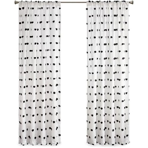 Intelligent Design Sophie Single Window Curtain Panel Clipped Pompom Embelished Privacy Drape with Rod Pocket for Bedroom, Livingroom, 50" x 84", Black