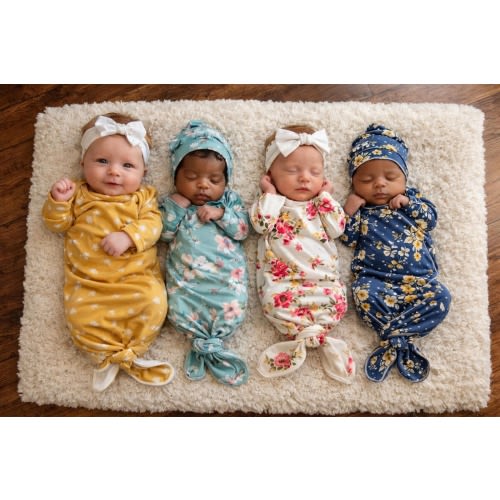 Floral Knotted Baby Gown | DBP Cotton, Convertible Mittens | Preemie + Newborn