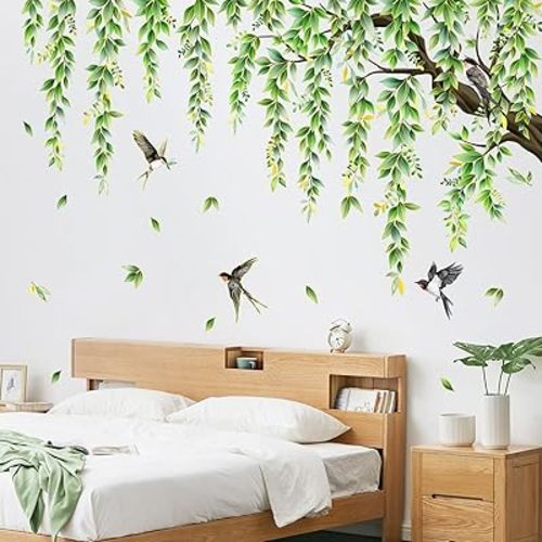 Supzone Large Green Tree Branch Wall Decals Hanging Green Vine Leaves Birds Wall Stickers for Living Room Bedroom Sofa TV Background