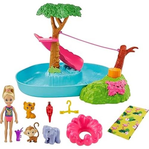 Barbie and Chelsea The Lost Birthday Splashtastic Pool Surprise Playset with Chelsea Doll (6-in), 3 Baby Animals, Slide, Zipline & Accessories, Gift for 3 to 7 Year Olds