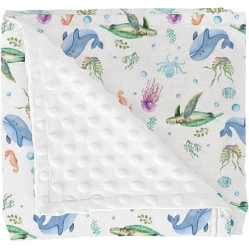 Boho Sea Animals Baby Blanket for Girl Boy Sea Horse Turtle Whale Jellyfish Coral Soft Mink Bed Blanket with Dotted Backing Ocean Double Layer Swaddle Receiving Blanket for Toddler Nursery 30x40