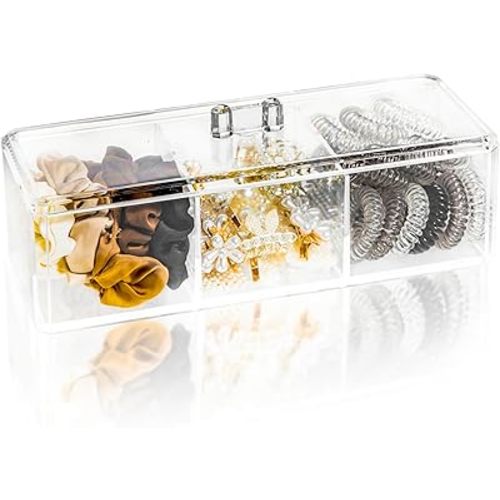 Hair Accessories Organizer for Girls, Acrylic Hair Tie Organizer for Headband, bows, Hair Clip, Cotton Swab Organization, Hair Clip Holder, 3 Compartments Hair Organizer Storage with Lid