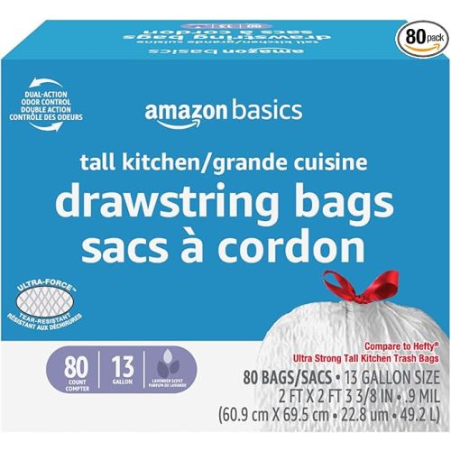 Amazon Basics Ultra-Force Tall Kitchen Drawstring Trash Bags, Lavender Scented, 13 Gallon, Tear Resistant, Odor Neutralizing, 80 Count