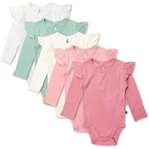 HonestBaby Baby Girls' 5-pack Long Sleeve Ruffle Shoulder Bodysuits 100% Organic Cotton for Infant Baby Girls