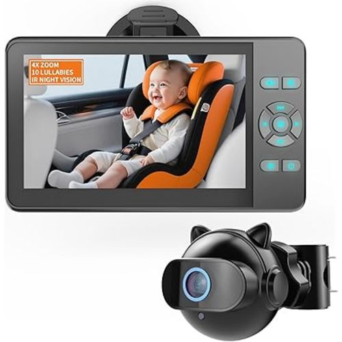Baby Car Camera with 4X Zoom,10 Lullabies 4.3'' HD 1080P Rear Facing Carseat Mirror 3 Min Easy Install Auto IR Night Vision 360° Adjustable Clear Wide View Car Camera for Baby,Newborns,Pets
