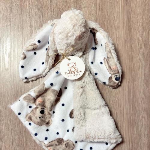 Handmade Minky Bunny Lovey: Sensory Security Blanket with Teddy Bear Print