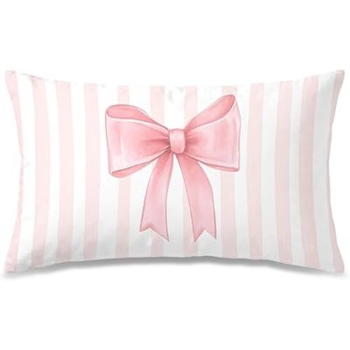 Coquette Pink Bow Pillow Covers 12x20, Coquette Room Decor, Preppy Pink Striped Bow Decorative Throw Pillow Covers for Baby Girls Nursery Room Bedroom Home Sofa Couch