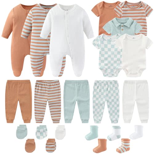 Newborn Baby Girl Boy Clothes Cotton Ribbed Mix Layette Gift Set | Unisex bodysuit pant outfits 23 Pcs, new born clothing and accessories 0-12 month