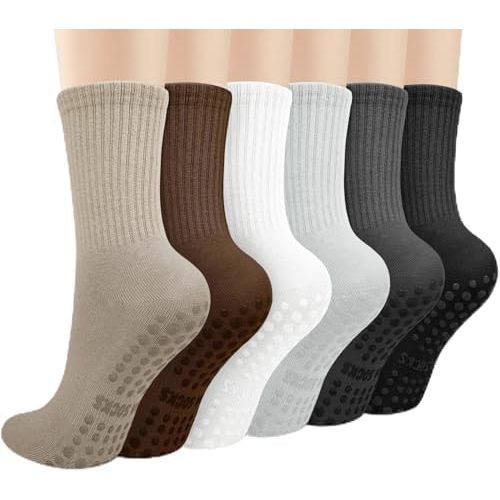 Justay 6 Pairs Pilates Socks with Grips for Women Soft Non Slip Crew Cotton Athletic Workout Barre Hospital Yoga Socks