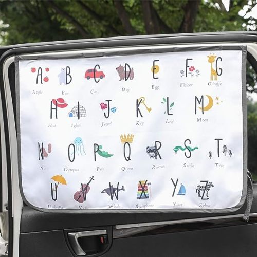 Magnetic Car Sun Shade Curtain for Side Window – Sun Blocker and UV Protector for Baby, Kids, and Pets – Universal Fit with Built-in Magnets for Steel-Framed Door (Be-Kids Alphabet)