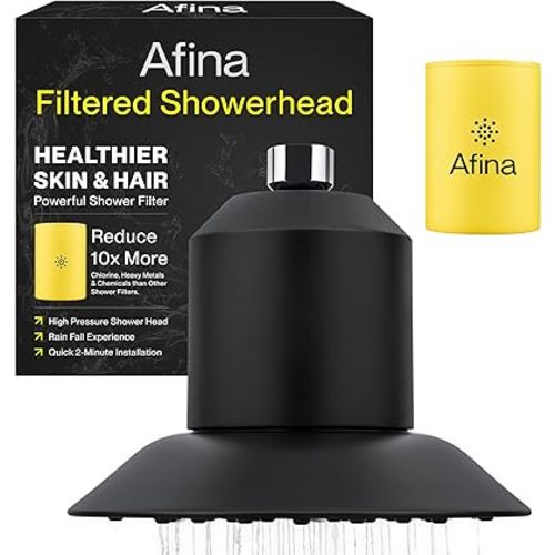 Afina Filtered Shower Head - Water Softener Showerhead with KDF-55 Filter for Hard Water - High Pressure Rain Fall Experience - Universal Fit - Matte Black