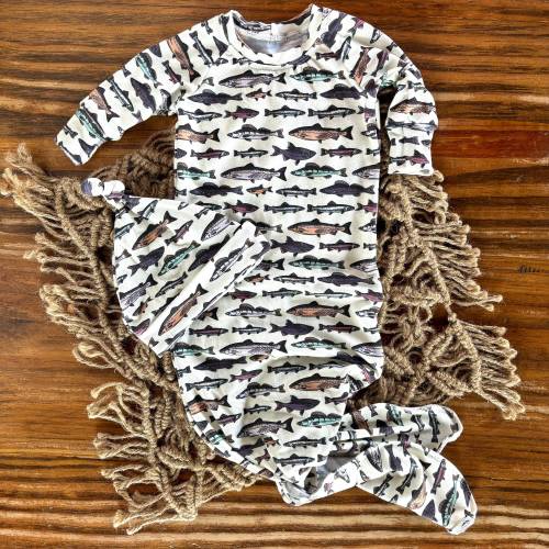 Bamboo Knotted gown in Fish, take home outfit for boy, newborn fishing outfit, first outfit, baby knotted gown and hat