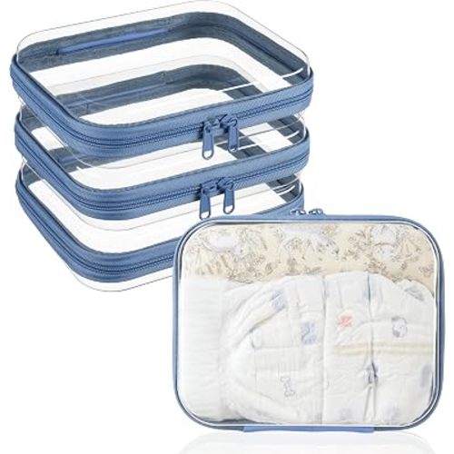 3-PCS Medium Clear Hard Shell Zipper Pouches, Clear Zipper Bags (3M, Blue)