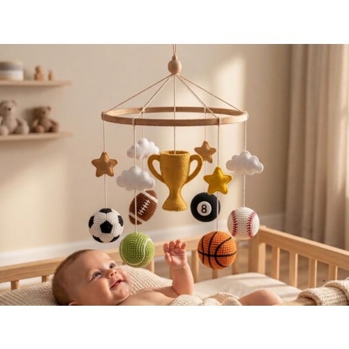 Sports Baby Mobile, Trophy Crib Mobile, Boys Nursery Mobile, Basketball Football Baseball Decor, Baby Boy Gift, Champion Theme Mobile