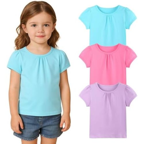 3 Pack Toddler Shirts Girls Pleated Neck Short Sleeve Baby Tshirts Pretty Tops Casual Tee Pull On Blouse 2-5T