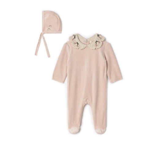 Velour Crochet Collar Snap Back Romper and Bonnet Set