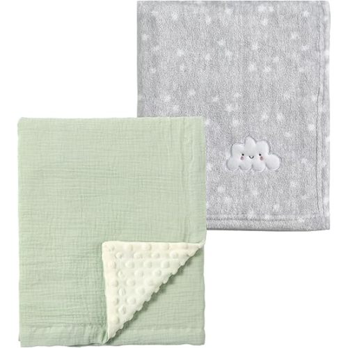 CREVENT 2Pcs 30''X40'' Cute Cozy Fluffy Warm Baby Blankets for Infants Toddlers' Bedding Crib Cot Stroller - Grey Cloud + Muslin Green