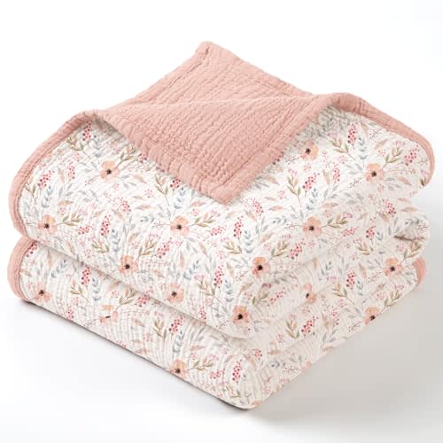 lulumoon Muslin Baby Blanket for Girls - Soft Cotton for Newborn - 4 Layer Reversible Breathable Floral Receiving Blanket for Nursery Crib and Stroller 47"x47" (Pink Flower)