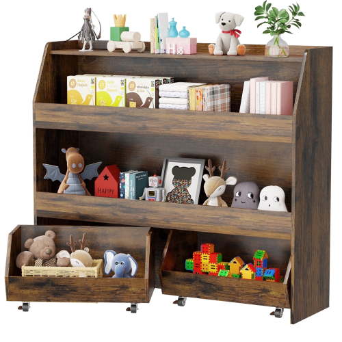 Scohul 3-Tier Toy Storage Organizer, Nursery Bookcase with Rolling Bins, Anti-Tip Storage Cabinet for Kids,Walnut