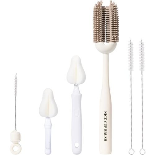 5-in-1 Baby Bottle Brush Kit, Silicone Bottle Brush for Baby Bottle and Breast Pumps, Sponge Nipple Brush with Replaceable Brush Head, Straw Brushes, Grey